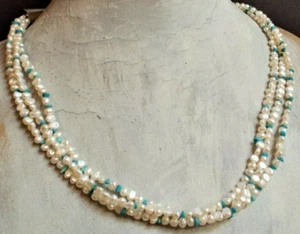Genuine Freshwater PEARL NECKLACE 3 / Triple Strand PEARLS Turquoise Nuggets VTG - Picture 1 of 10