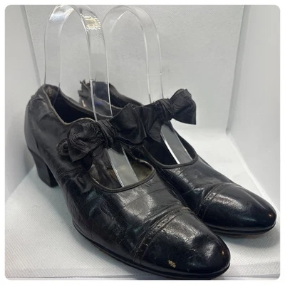 Antique 1910s 20s Black Leather Mary Jane Pumps w Silk Bows - Edwardian – Size 5 - Image 1 of 4