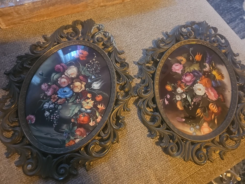 2 marcos de fotos grandes de latón ornamentado de colección ovalados florales victorianos Italia 13,5"x 10,5" Foto 1 de 4