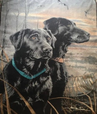 VINTAGE  Reversible 2 dogs BLACK LABRADORS  Blanket Multicolor  60” X 50” signed - Image 1 of 3