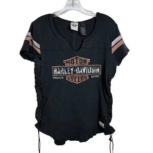 Harley Davidson Women's Short Sleeve Tee Size XL Side Ties Black Bar & Shield - Picture 1 of 4