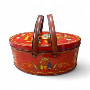 1950’s Double Handled Sewing Tin Red Pennsylvania Dutch Theme Painted Vintage - Bild 1 von 11