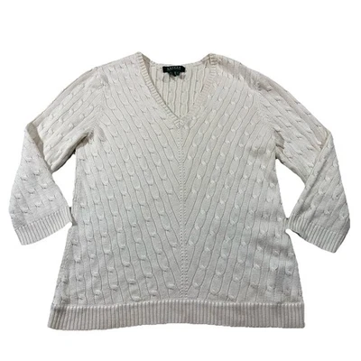 Polo Ralph Lauren Silk Cable Knit Pull Over Sweater Womens Sz XL White V-Neck S2 - Image 1 of 4