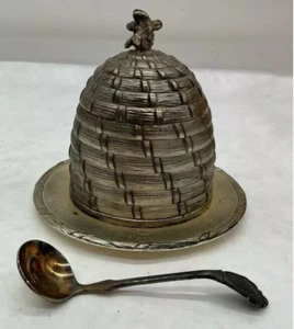 Corbell & Co. Silverplate Beehive Honey Pot Jar Glass Insert Spoon COMPLETE NICE - Picture 1 of 10
