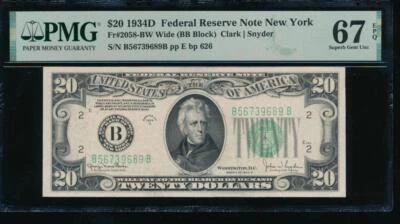 AC 1934D $20 New York Wide FRN PMG 67 EPQ Fr 2058-B GEM UNCIRCULATED - Image 1 of 2