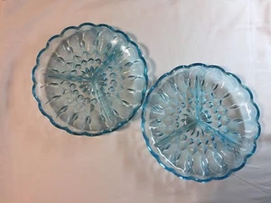 Glas Servierplatten Aqua Blau zwei Schalen Runde Platte 8,5" Geteilt Drei Abschnitte - Bild 1 von 7