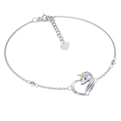 Kinder Mädchen Zirkonia Einhorn Pferde Herz Kette Armband 925 Silber verstellbar - Bild 1 von 2