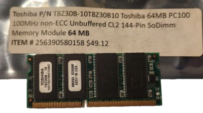 T8Z30B10 Toshiba 64MB PC100 100MHz non-ECC Unbuffered CL2 144-Pin SoDimm Memory - Image 1 of 2
