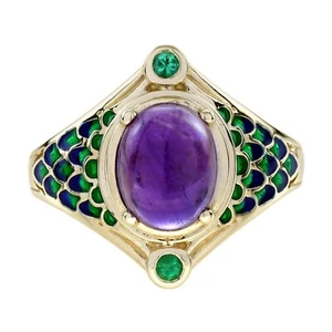 9K Yellow Gold Natural Cabochon Amethyst Emerald Antique Style Naka Snake Ring - Picture 1 of 11