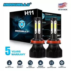 IRONWALLS H11 LED Headlight Kit Low Beam Bulbs 2400W 360000LM 6000K White Bright - Picture 1 of 12