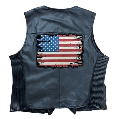 Винтажный кожаный мотоциклетный жилет женский XL черный первая классика американский флаг - Изображение 1 из 4