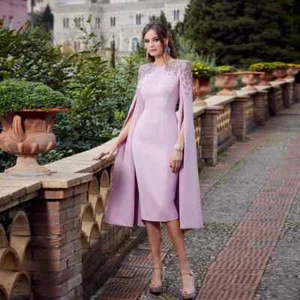 Elegant Pink Mother of the Bride Dresses O Neck Long Sleeves Wedding Party Gowns - Picture 1 of 6