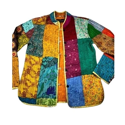 Sacred Threads 100% Silk Quilted Patchwork Jacket Boxy | Women’s S *EUC* - Image 1 of 4
