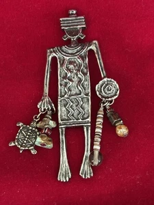 VINTAGE ARTISAN 925 STERLING AFRICAN FETISH TRIBAL PIN TURTLE DANGLE CHARM 3” - Picture 1 of 10