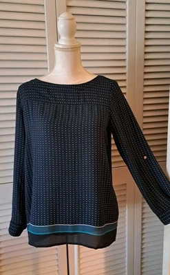Ann Taylor LOFT  S/M Petite Navy Polka dot Roll Tab Back Pleated Chiffon top - Image 1 of 4