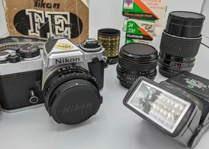 Nikon FE SLR Camera Bundle 3 Lenses Bounce Flash ++