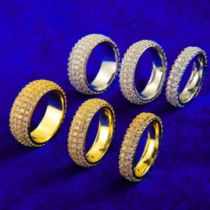 Mens 24k Gold 925 Silver 6x Plated 2-4 Row Blinged Out Flooded Ice Hip Hop Rings - Picture 1 of 10