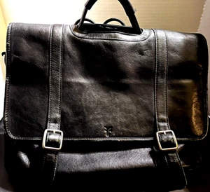 Unisex FRYE Black Leather Satchel Logan Case Organizer Zip Compartments - Picture 1 of 11