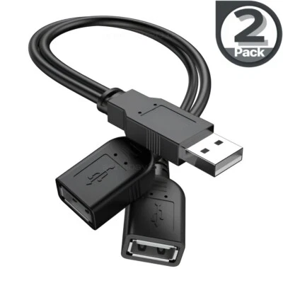 2Pack USB 2.0 Male To 2 Dual Female Jack Y Splitter Hub Power Cord Adapter Cable - Image 1 of 4