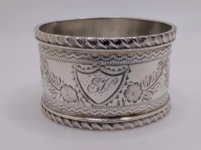 Antiguo Anillo Servilletero Inglés Plata Esterlina "EV" Iniciales Grabado, Fecha 1899 Foto 1 de 4