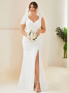 Vestido de Boda Simple Talla Grande Cuello en V Profundo Sin Mangas Deslizamiento Alto - Imagen 1 de 6