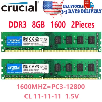 CRUCIAL DDR3 1600MHz 2X8GB 16GB PC3-12800 Desktop Memory RAM 240pin DIMM 1.5V - Image 1 of 4
