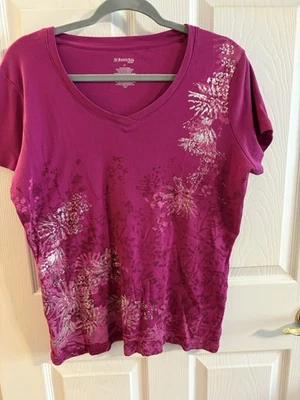 St John's Bay Women's Short Sleeve Floral Pink Tee Shirt V Neck Large Cotton - Image 1 of 4