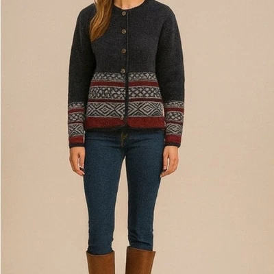 Cardigã suéter vintage Tally-Ho 100% lã Fair Isle vermelho e cinza tamanho M - Imagem 1 de 4