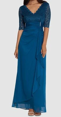Betsy & Adam Women's Blue V-Neck Lace Bodice Gown Dress Petite Size 6P - Image 1 of 3