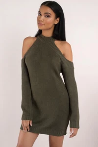 TOBI Half Thought Chunky Knit Cold Shoulder Sweater Dress in Olive S - Picture 1 of 3
