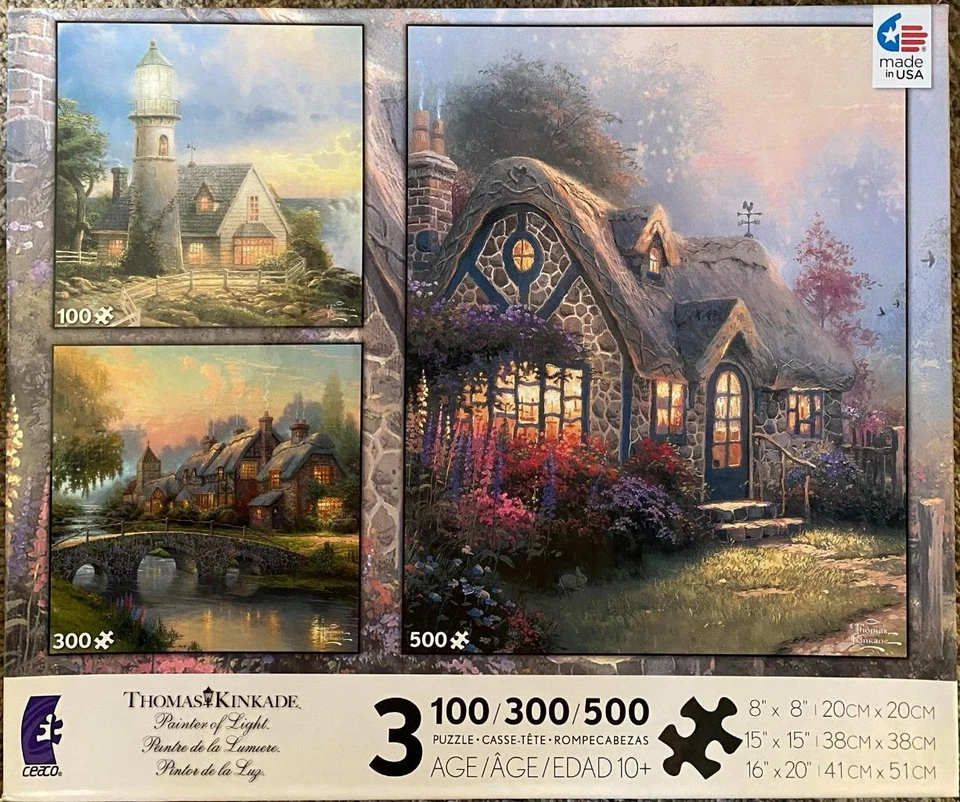 Older Ceaco 3-in-1 puzzle set; Thomas Kinkade art; 100, 300 & 500 pcs  3532-18 - Image 1 of 1
