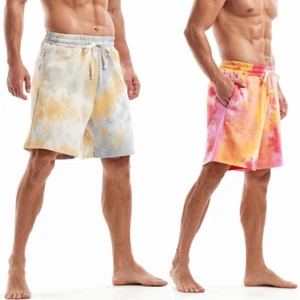 Men Cotton Shorts with Pockets Tie Dye Elastic Waist Sport Casual Half Pants - Picture 1 of 17
