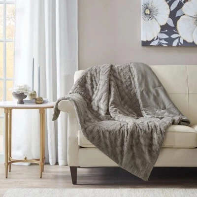 Madison Park  Faux-Fur Throw Blanket 50" x 60" Grey - Image 1 of 4