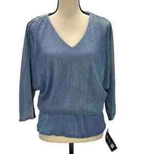 MSK Metallic Blouson 3/4 Split Sleeve V Neck Blouse - Serene Blue - size PL