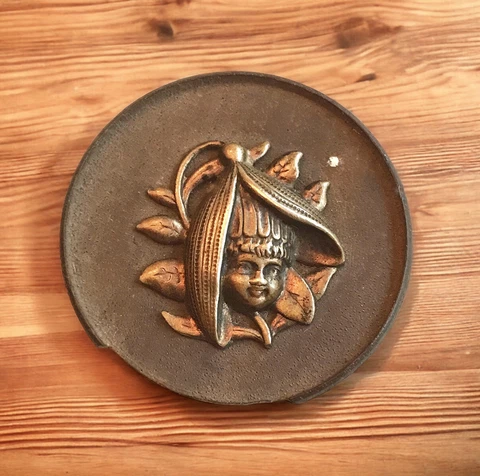 Rare Vintage Antique Victorian Wooden and Brass Picture Button Petal Hat Cover