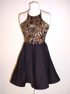 Sequined Party Cocktail Dress Agaci Small Black Self Lined Sleeveless Open Back - Picture 1 of 7