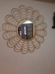Metallo Oro Rattan Stile Deco Vintage Antico Mano Rotondo Grande Muro Arte Vetro - Foto 1 di 7