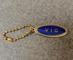 Vtg Brass Key Chain Marked "Vic" Blue Enamel Clasp Mark Ball Chain Mt. Vernon NY - Picture 1 of 5
