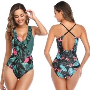 Women One Piece Swimsuit V Neck Ruffled Lace Up Bikini Swimwear Bathing Suit - Picture 1 of 34