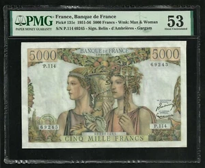 France : 5000 Francs Terre & Mer (2-10-1952) ; PMG : About UNC 53 - Picture 1 of 2