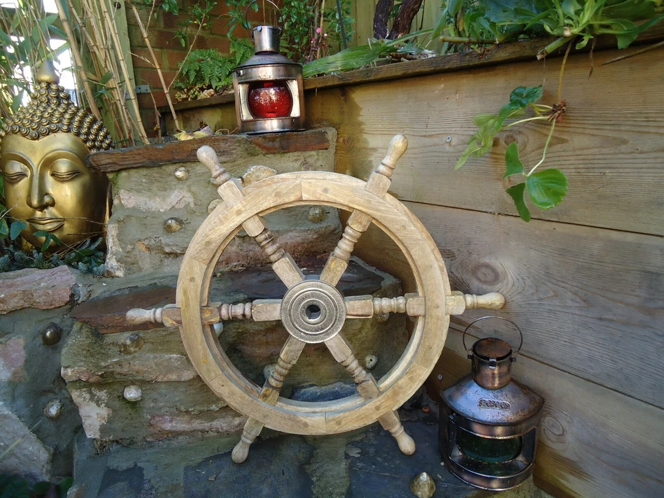 Large Mango Wood Ships wheel 24"  Wooden With Metal Nautical maritime Home Decor - Image 1 of 4