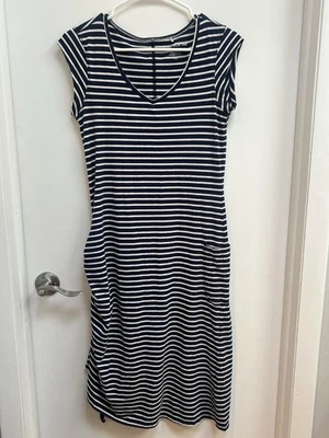 Vestido Toad & Co S MUSE Azul Blanco Rayas Acanalado Lateral Bolsillo Manga Gorra Midi Foto 1 de 4