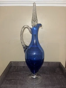 VTG Italian MCM Hand Crafted Empoli Glass Blue Genie Pitcher With Stopper 14.5” - Picture 1 of 13