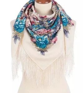Scarf 35'' square 100 % merino wool Russian Pavlovo Posad shawl white blue 2009 - Picture 1 of 3