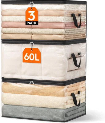 3 Pezzi Scatole per Vestiti Trasparente 60L, Organizer Armadio Pieghevole Con Ma - Immagine 1 di 4