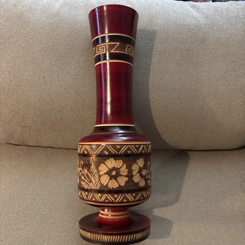 Vtg. Hand Carved Wooden Vase W Flowers & Leaves Design. 2 Toned Wood.Intricate  - Image 1 of 4