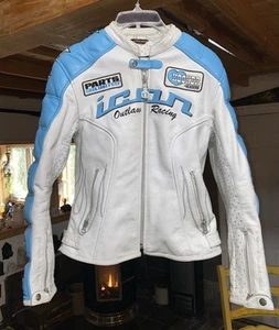 ICON Kitty Womens Motorcycle Jacket Outlaw Racing Leather Blue White Size Small - Picture 1 of 12
