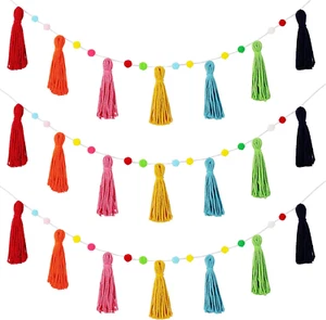 3 Pcs Colorful Rainbow Boho Tassel Garland Pom Pom Each 50'' - Picture 1 of 3