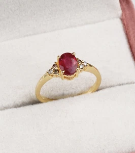Oval Cut Natural Ruby & Diamond Wedding Ring 14K Yellow Gold Plated Silver ring - Picture 1 of 6
