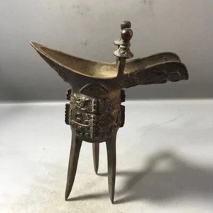 Antique Chinese Bronze Wine Drinking Cup Vessel Jue Three Tripod Legs Goblet - Picture 1 of 8